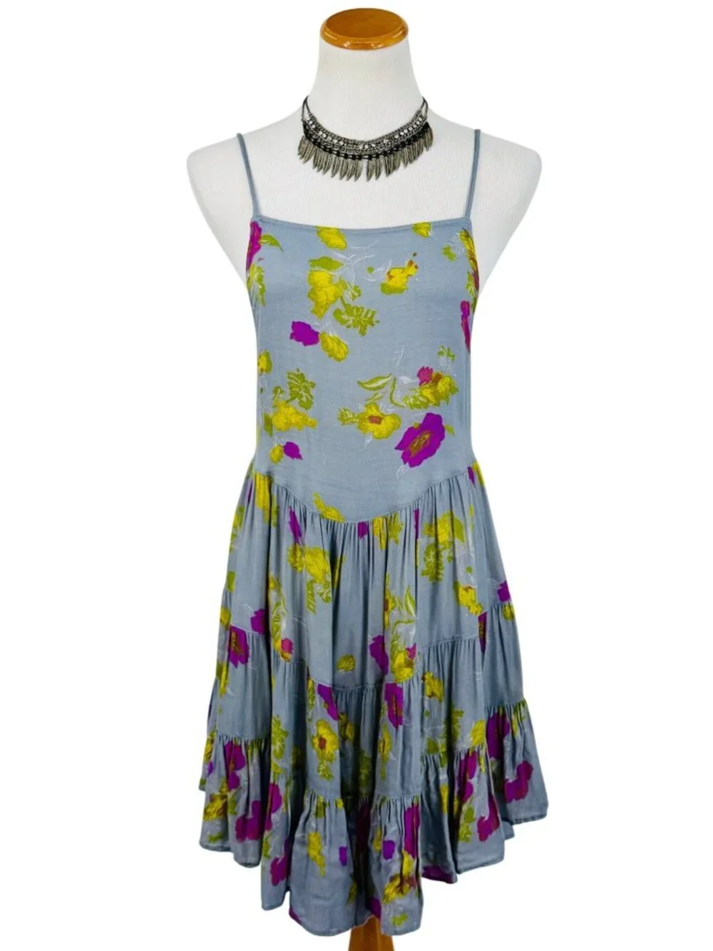 Free People Floral Strappy Lace Up Back Ruffle Hem Mini Dress S| Balletcore Boho - Picture 3 of 16